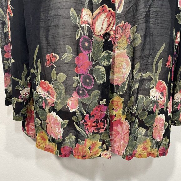 Smithsonian Institution Womens Sheer Black Button Front Floral Blouse Sz XL - Picture 5 of 12